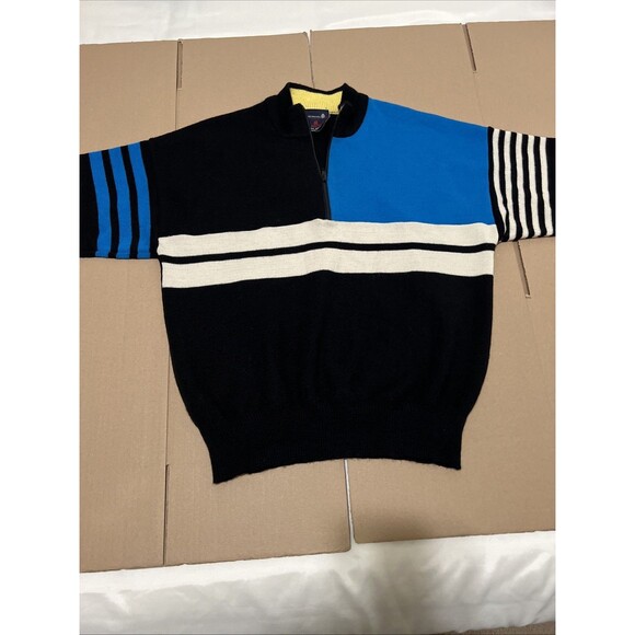 Demetre Vintage Virgin Wool 1/4 Zip Sweater Black Blue White Striped Mens M - Picture 2 of 7
